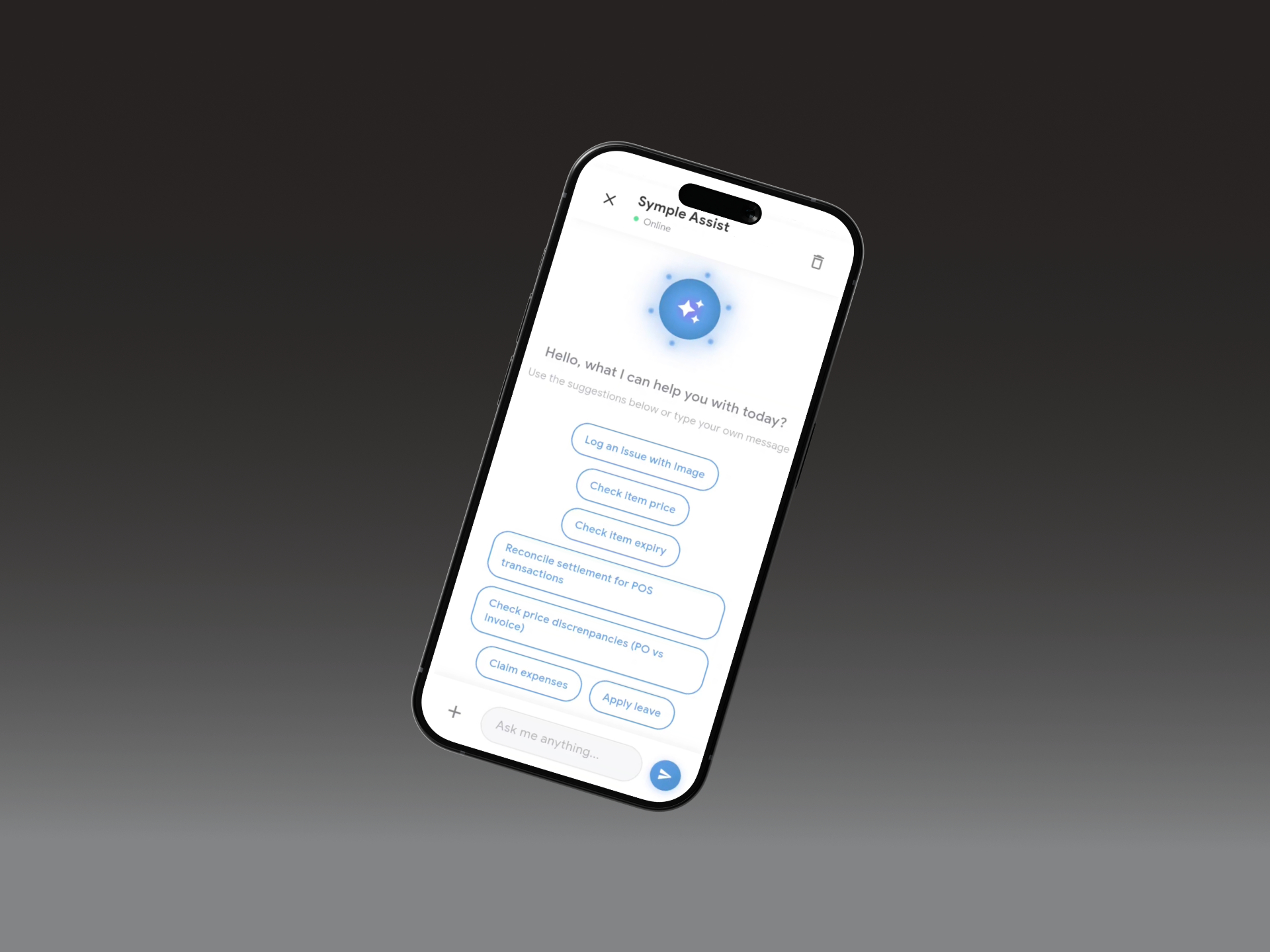 Symple AI assistant orbital interface with seven skills